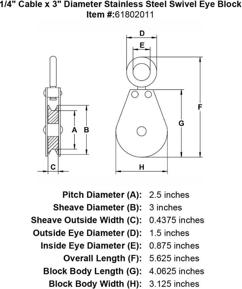 quarter inch hd stainless swivel eye block specification diagram