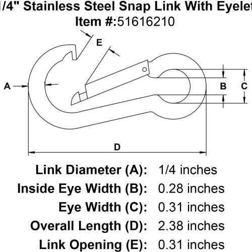 quarter inch stainless snap link eyelet specification diagram