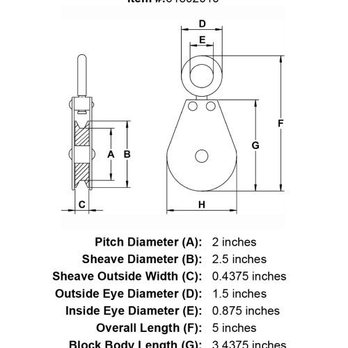 quarter inch stainless swivel eye block specification diagram