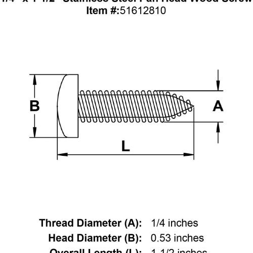 quarter inch x one and one half inch stainless pan head screw ten specification diagram