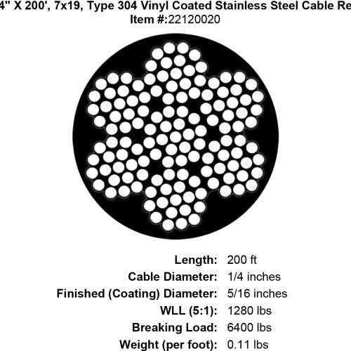 quarter x 200 foot coated stainless cable specification diagram