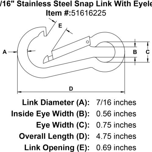 seven sixteenths inch stainless snap link eyelet specification diagram