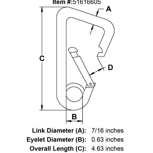 seven sixteenths inch stainless snap link eyelet style two specification diagram