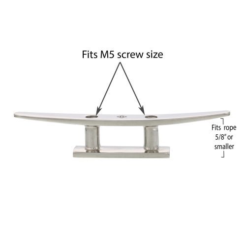 six inch SS Low Flat Deck Cleat Style A screw and rope size graphic