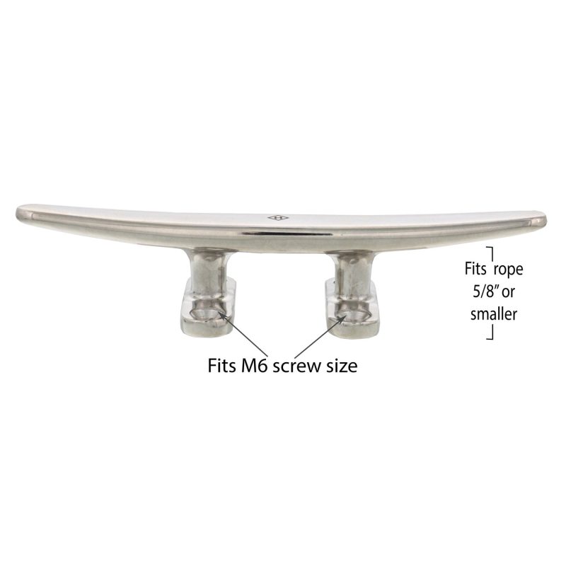 six inch SS Low Flat Deck Cleat Style B screw and rope size graphic