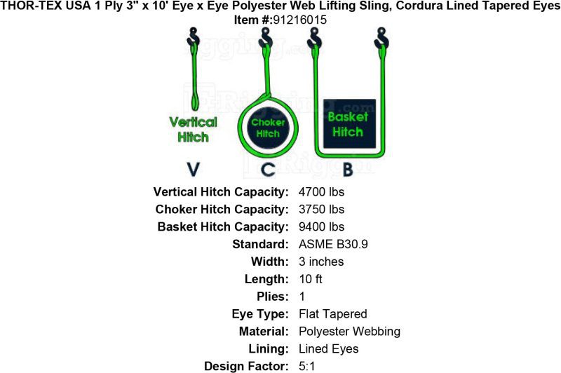 thor tex usa 1 ply 3 10 eye eye sling lined tapered eyes specification diagram