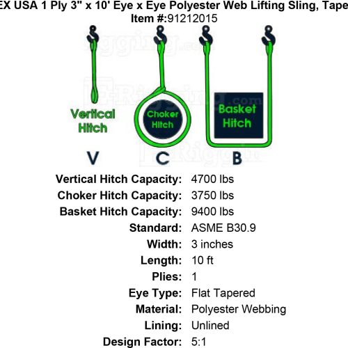 thor tex usa 1 ply 3 10 eye eye sling tapered eyes specification diagram