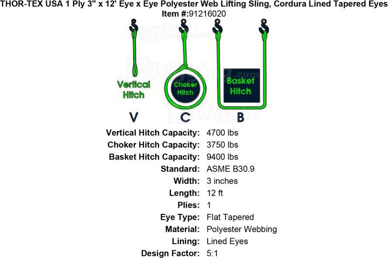 thor tex usa 1 ply 3 12 eye eye sling lined tapered eyes specification diagram