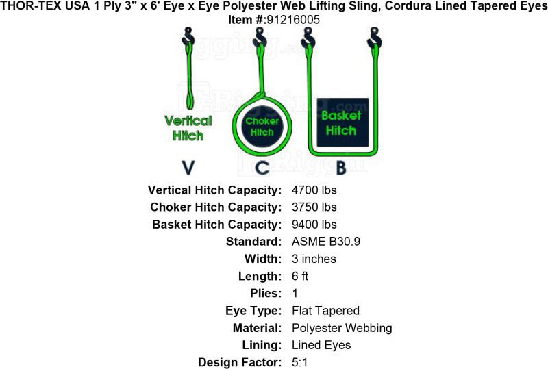 thor tex usa 1 ply 3 6 eye eye sling lined tapered eyes specification diagram