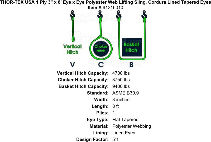 thor tex usa 1 ply 3 8 eye eye sling lined tapered eyes specification diagram