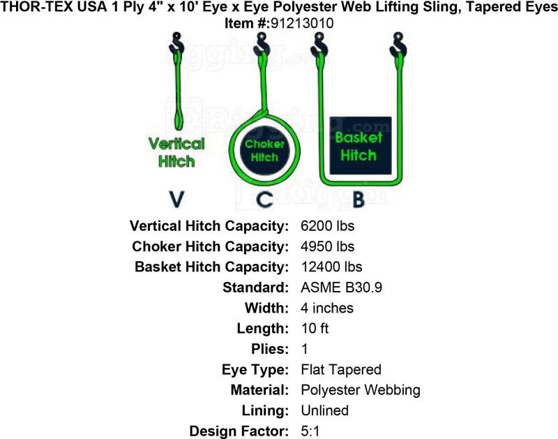 thor tex usa 1 ply 4 10 eye eye sling tapered eyes specification diagram