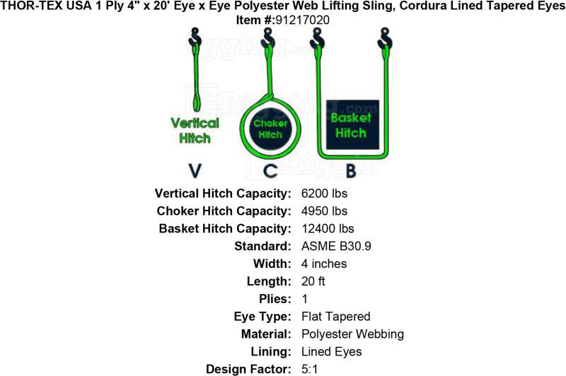 thor tex usa 1 ply 4 20 eye eye sling lined tapered eyes specification diagram