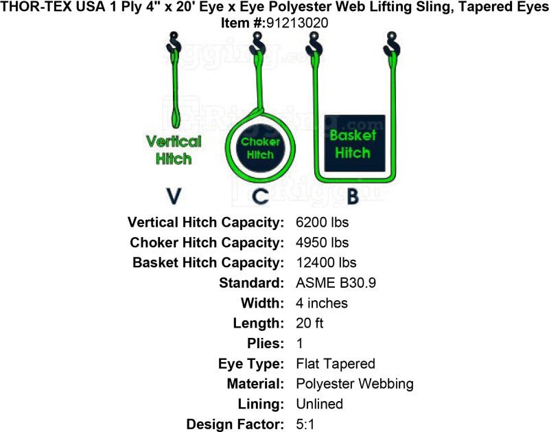 thor tex usa 1 ply 4 20 eye eye sling tapered eyes specification diagram