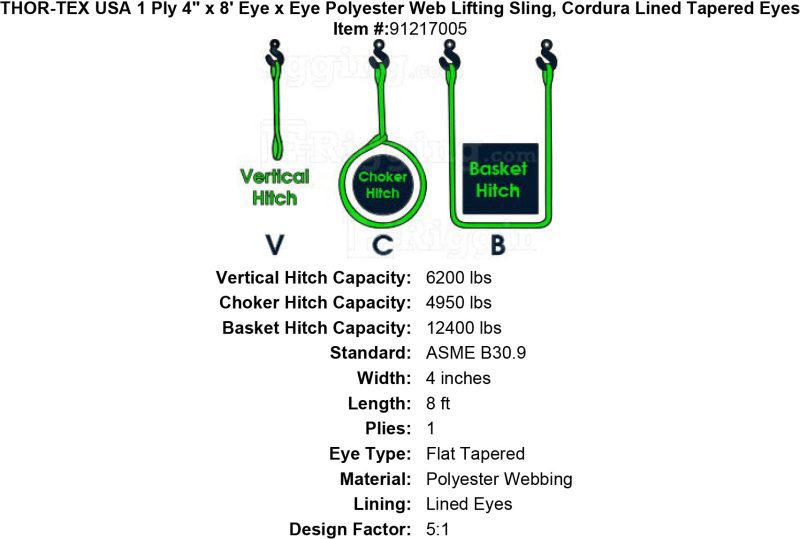 thor tex usa 1 ply 4 8 eye eye sling lined tapered eyes specification diagram