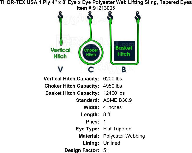 thor tex usa 1 ply 4 8 eye eye sling tapered eyes specification diagram