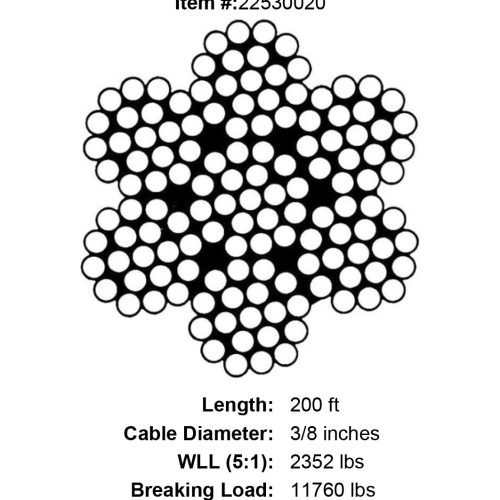 three eighths X 200 foot Grade 316 Stainless Cable specification diagram