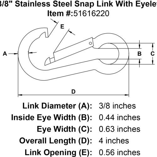 three eighths inch stainless snap link eyelet specification diagram