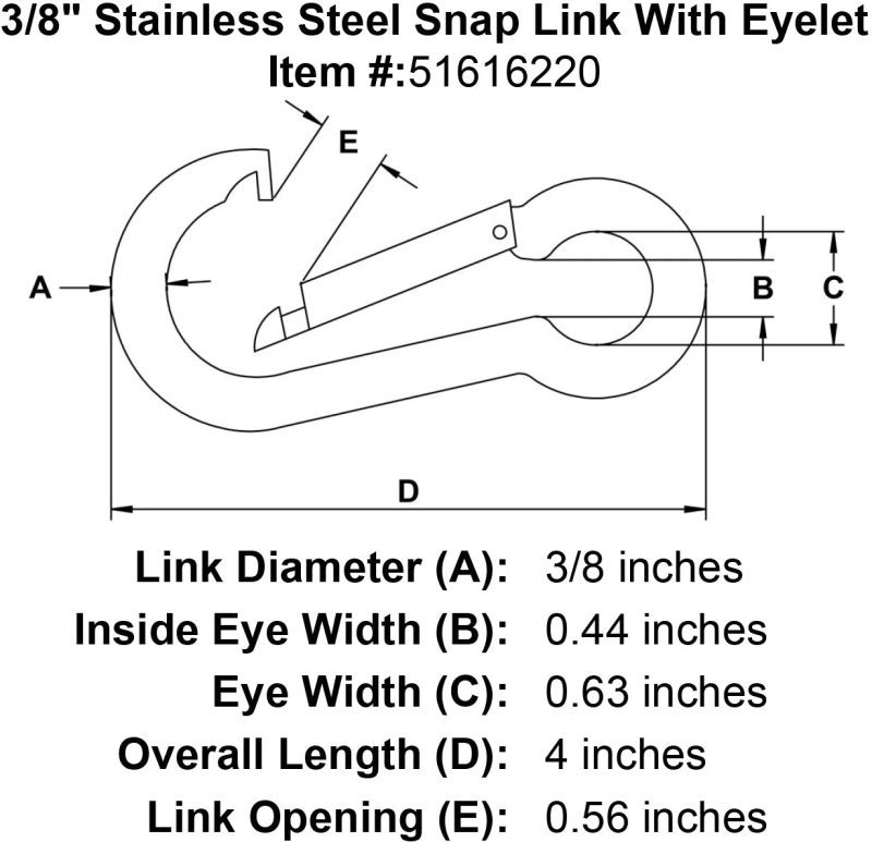 three eighths inch stainless snap link eyelet specification diagram