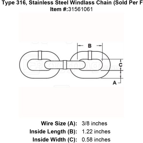 three eighths inch stainless windlass chain specification diagram