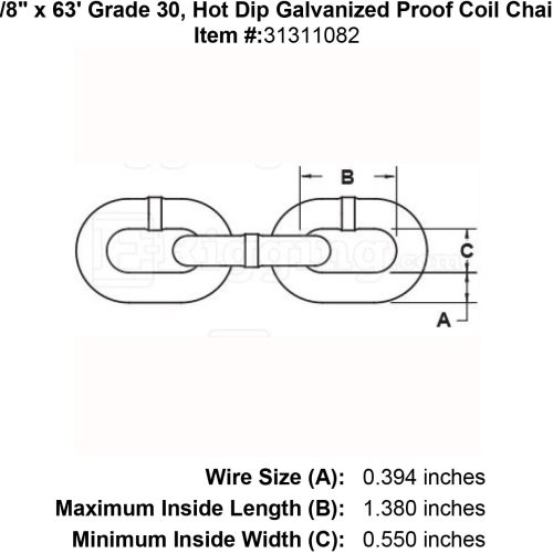 three eighths inch x 63 foot Grade 30 galvanized chain specification diagram