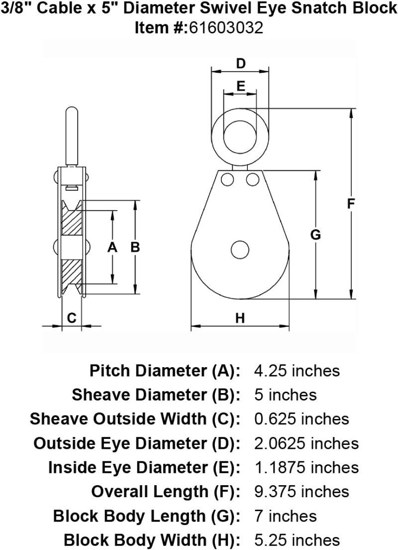 three eigths inch hd swivel eye snatch block specification diagram