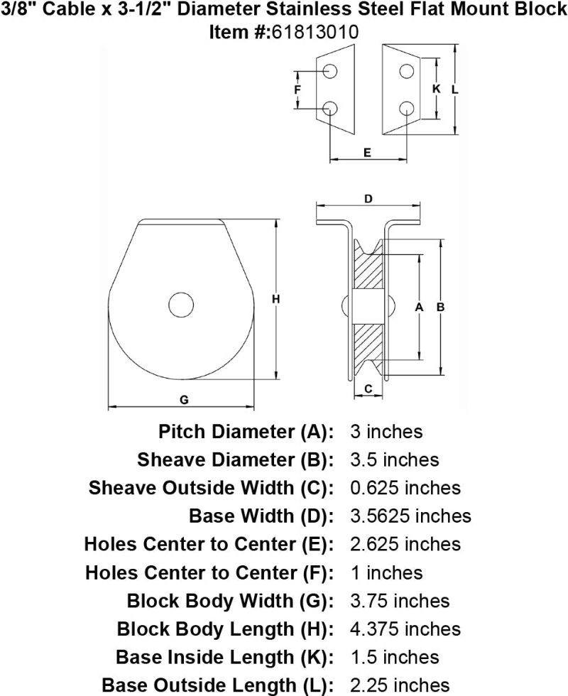 three eigths inch stainless flat mount block specification diagram