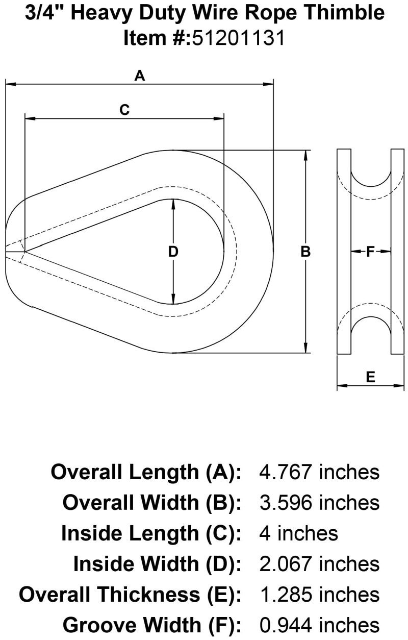 three quarter inch Wire Rope Thimble specification diagram