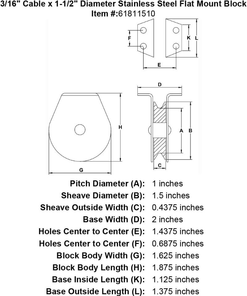 three sixteenths inch stainless flat mount block specification diagram