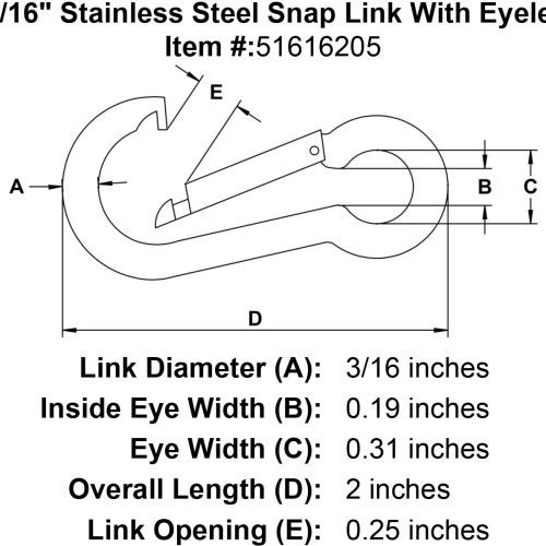 three sixteenths inch stainless snap link eyelet specification diagram