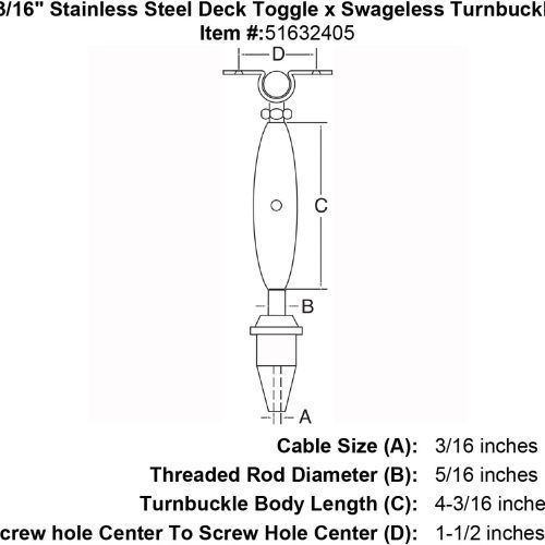 three sixteenths inch stainless steel deck toggle swageless turnbuckle specification diagram