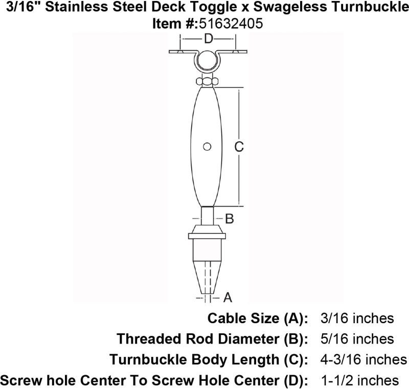 three sixteenths inch stainless steel deck toggle swageless turnbuckle specification diagram