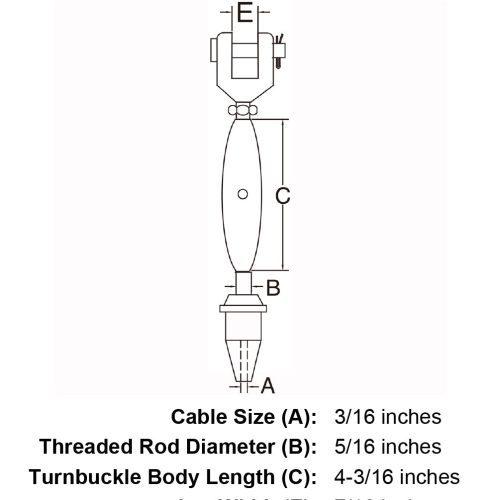 three sixteenths inch stainless steel jaw swageless turnbuckle specification diagram