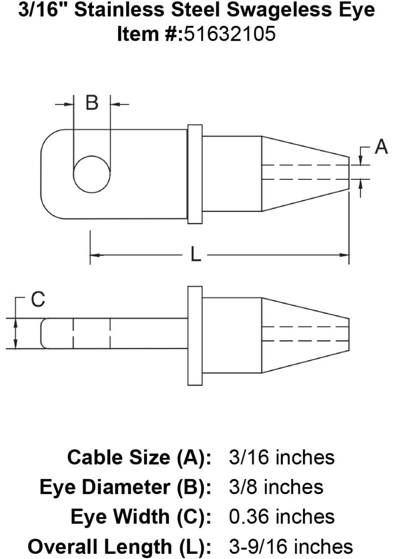 three sixteenths inch stainless steel swageless eye specification diagram