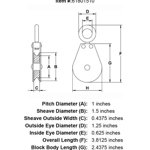 three sixteenths inch stainless swivel eye block specification diagram