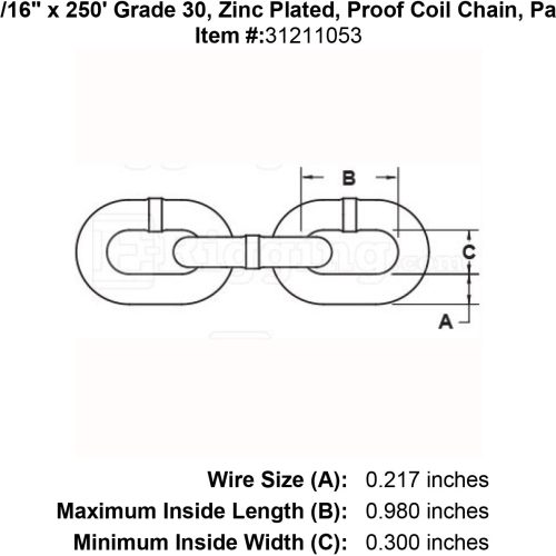 three sixteenths inch x 250 foot Grade 30 Zinc plated chain specification diagram