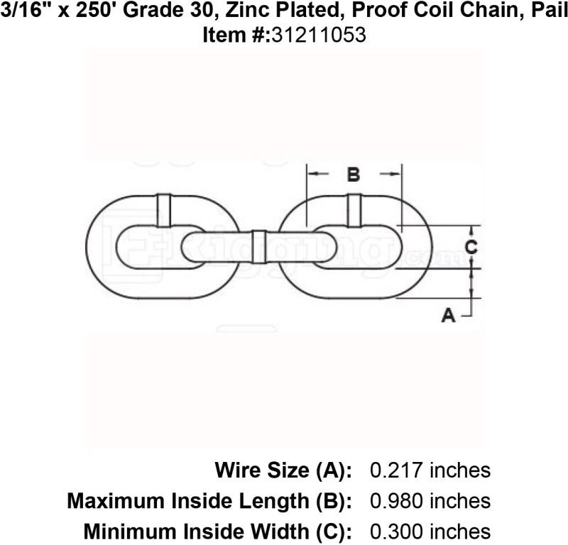 three sixteenths inch x 250 foot Grade 30 Zinc plated chain specification diagram