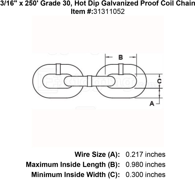 three sixteenths inch x 250 foot Grade 30 galvanized chain specification diagram