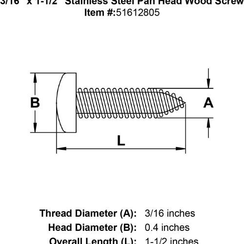 three sixteenths inch x one and one half inch stainless pan head screw ten specification diagram