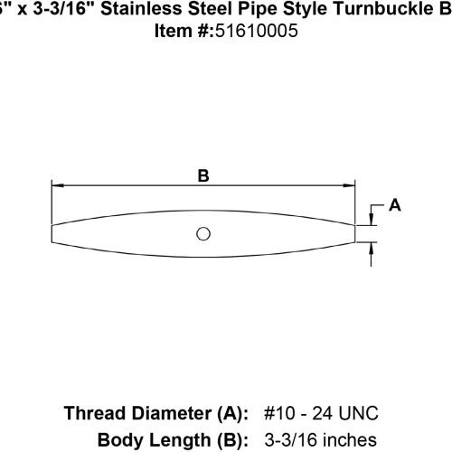 three sixteenths inch x three inch stainless pipe turnbuckle body specification diagram