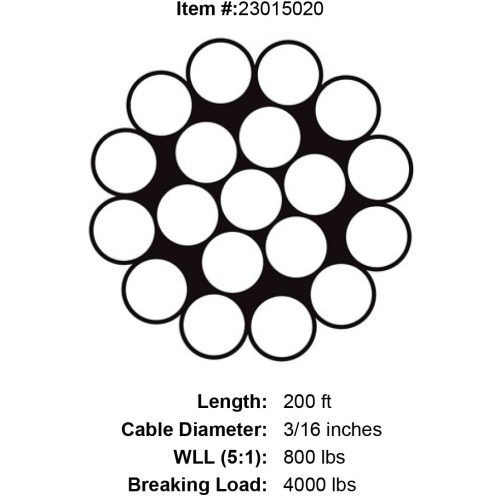 three sixteenths x 200 foot 1 x 19 grade 316 stainless cable specification diagram