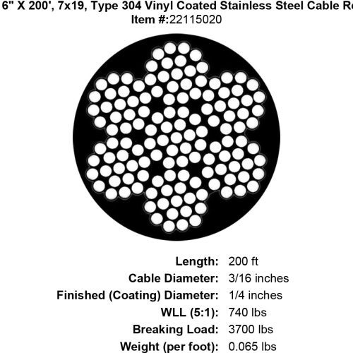 three sixteenths x 200 foot coated stainless cable specification diagram