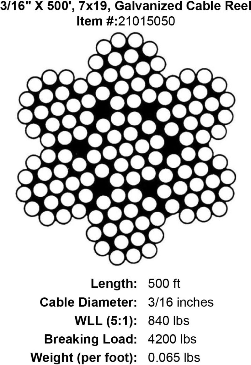 three sixteenths x 500 foot galvanized cable specification diagram