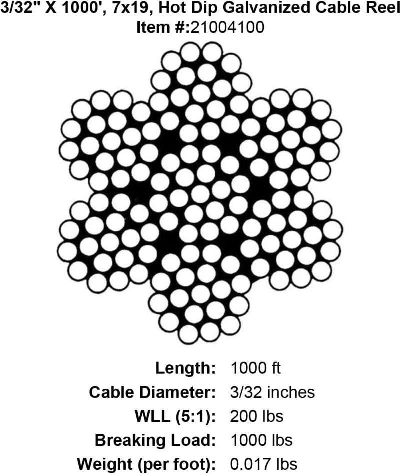 three thirty seconds inch x 1000 foot hot dip galvanized cable specification diagram